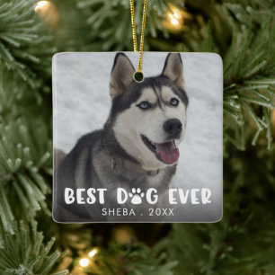 BEST DOG EVER Paw Print Personalised Photo Ceramic Ornament