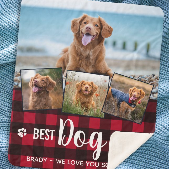 Best Dog Ever Red Buffalo Plaid Photo Collage Sherpa Blanket (Creator Uploaded)