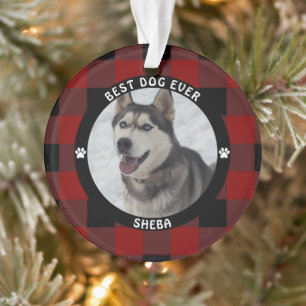 BEST DOG EVER Red Plaid Personalised Ornament