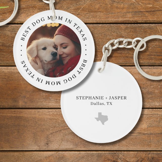 Best Dog Mom in Texas Personalized Photo Key Ring (Personalize with photo, names, city.  Matching items available)