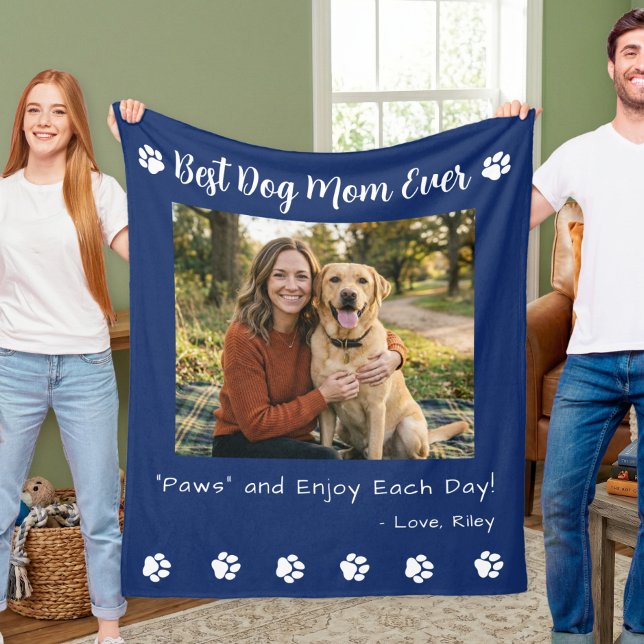 Best Dog Mom Paws Blue Pet Photo Fleece Blanket (Creator Uploaded)
