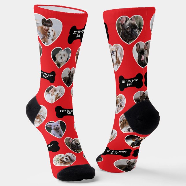 Best Dog Mum 16 Heart-Shaped Pet Photo Collage Socks (Angled)