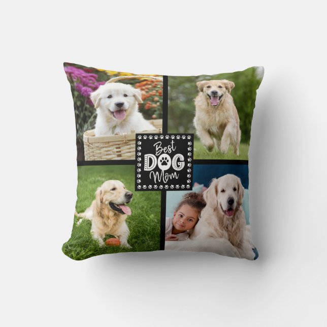 Best Dog Mum Custom 4 Photo Paws Black White Bold Cushion (Front)