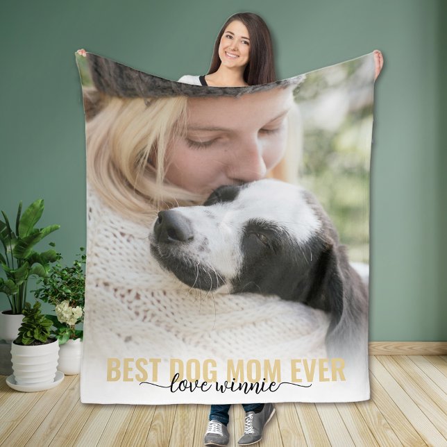 Best Dog Mum Ever Calligraphy Photo Fleece Blanket (Creator Uploaded)