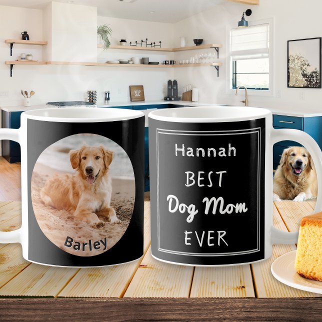 Best Dog Mum Personalised Pet Photo Name Coffee Mug (A stylish coffee mug with 'Best Dog Mom Ever' design, owner's name, dog photo and pet's name)