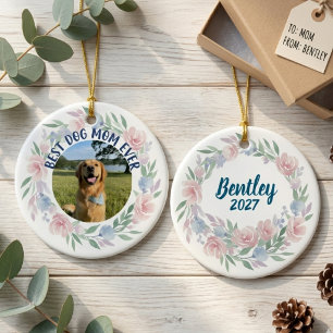 Best Dog Mum Watercolor Floral Wreath Holiday Ceramic Tree Decoration