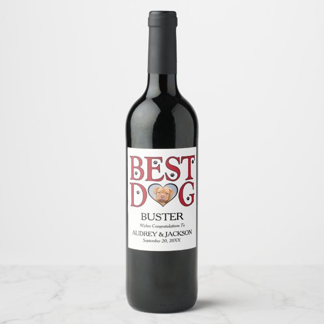 Best Dog Wedding Wine Label With Pets Photo (Front)