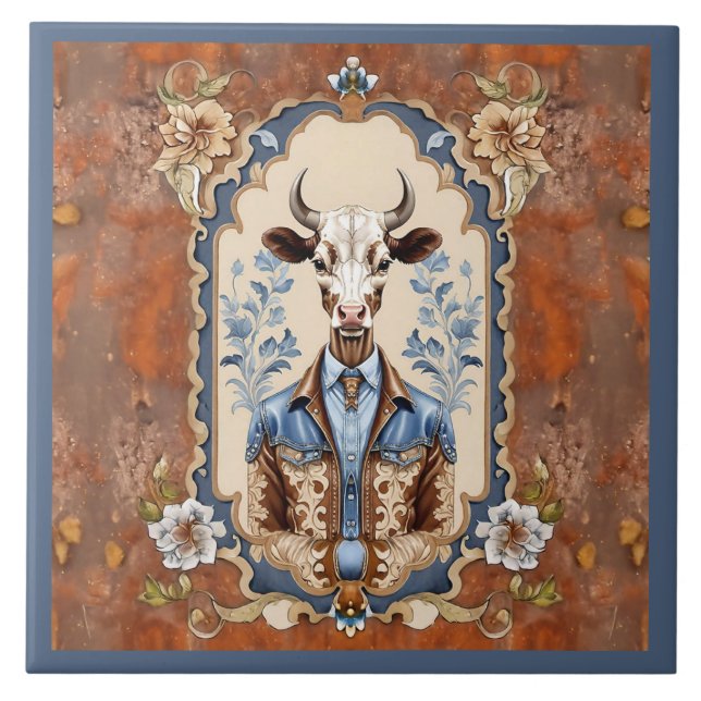 Best Dressed Cowboy Old Wild West Funny Cow Art Tile (Front)