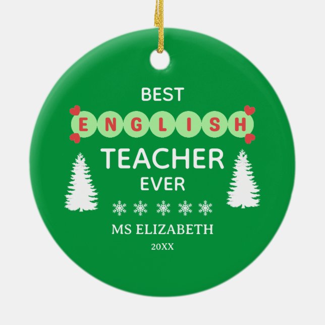 Best English Teacher Typography Christmas Green Ceramic Tree Decoration (Back)