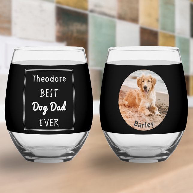 Best Ever Dog Dad Custom Pet Photo and Name Stemless Wine Glass (A stemless wine glass with dog photo, pet's name, owner's name and 'Best Dog Dad Ever' caption)