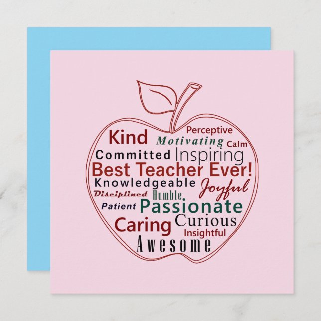 Best Ever Teacher Appreciation Red Apple Pink Blue Card (Front/Back)