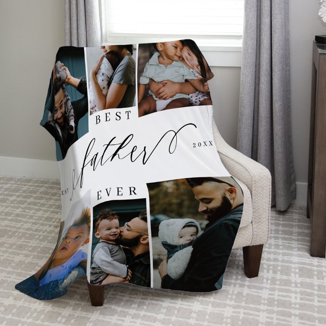 Best Father Ever Script Fathers Day Photo Collage Fleece Blanket (Best Father Ever Script Fathers Day Photo Collage Fleece Blanket)
