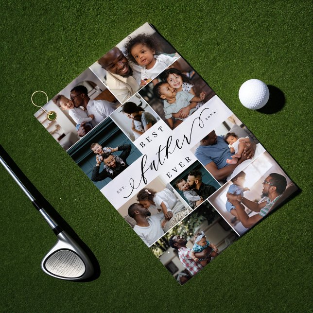 Best Father Ever Script Fathers Day Photo Collage Golf Towel (Best Father Ever Script Fathers Day Photo Collage Golf Towel)