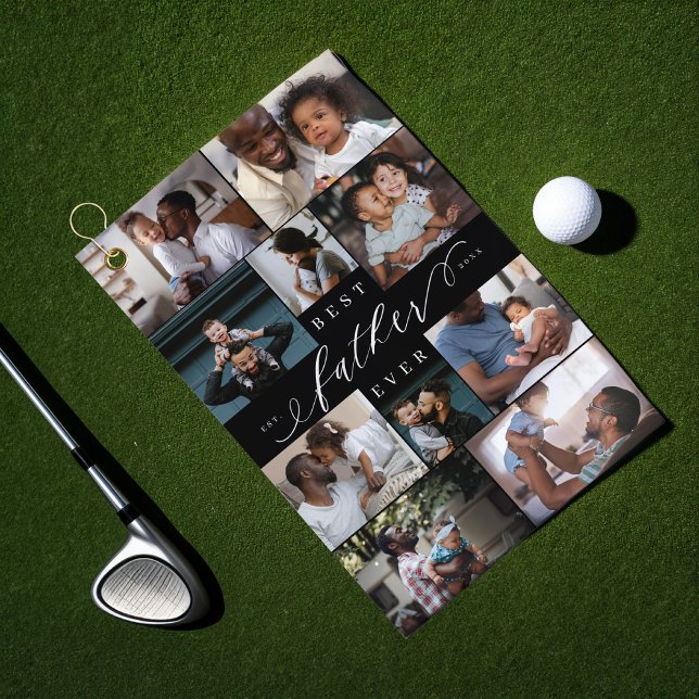 Best Father Ever Script Fathers Day Photo Collage Golf Towel (Best Father Ever Script Fathers Day Photo Collage Golf Towel)