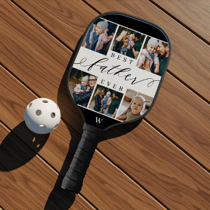 Best Father Ever Script Father's Day Photo Collage Pickleball Paddle