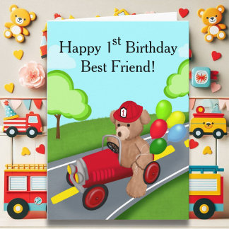 Best Friend 1st Birthday Teddy Bear Firetruck Card