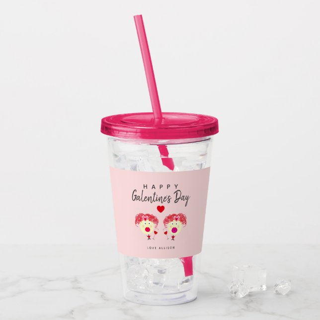 Best Friend Galentines Day Blush Pink Hearts Name Acrylic Tumbler (Front Ice)