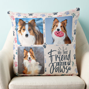 Best Friend Has Paws Custom 3 Photo Paw Print Dog  Cushion