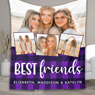 Best Friends 4 Photo Collage Trendy Purple Plaid Fleece Blanket