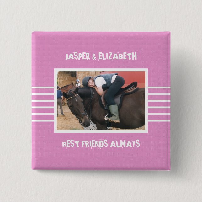 Best friends always horse photo white and pink 15 cm square badge (Front)