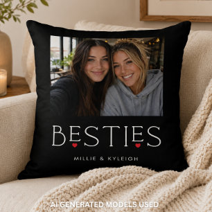 Best Friends Bestie Heart Typography Black Photo Cushion