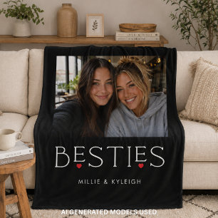 Best Friends Bestie Heart Typography Black Photo Fleece Blanket