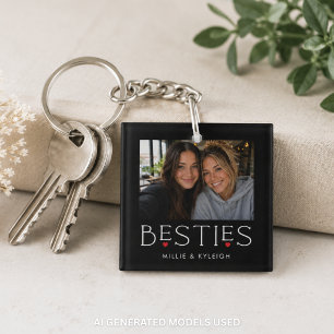 Best Friends Bestie Heart Typography Black Photo Key Ring