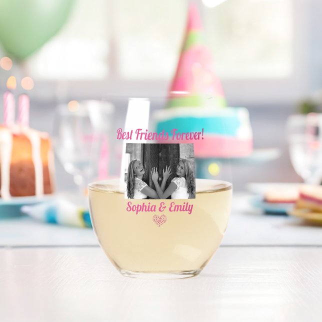 Best Friends Besties BFF Add Photo Names Cute Pink Stemless Wine Glass (Insitu (Birthday))