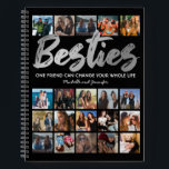 Best Friends | Besties Photo Collage Notebook<br><div class="desc">Personalised best friends notebook featuring a trendy black background that can be changed to any colour,  the word "besties" in a faux silver foil script font,  a friendship quote,  your names,  and a 20 square photo collage template for you to customise to your own.</div>