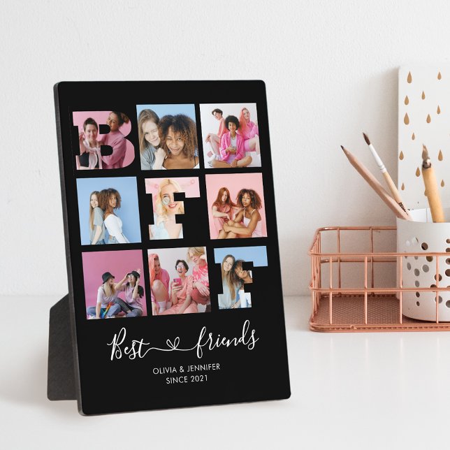 Best Friends BFF Photo Collage Black Heart Script Plaque (Creator Uploaded)
