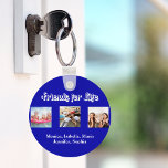 Best friends BFF photo names royal blue white Key Ring<br><div class="desc">A gift for your best friend(s) for birthdays,  Christmas or a special event. White text: Friends for life,  written with a trendy style script. Personalise and use your own photos and names. Royal blue background.</div>