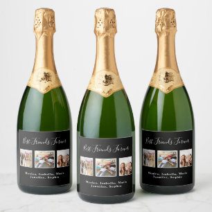 Best friends black photo names fun sparkling wine label