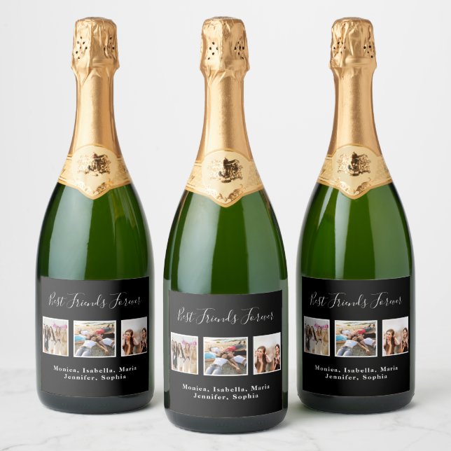 Best friends black photo names fun sparkling wine label (Bottles)