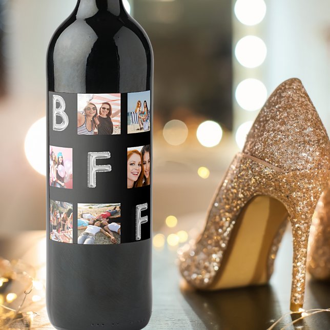 Best friends black silver photo collage BFF Wine Label (Creator Uploaded)