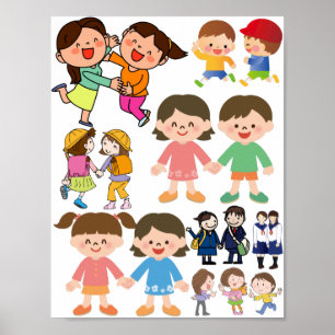 Best Friends Cartoon Girls and Boys Art Poster