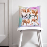 Best Friends | Casual Script and Multi Photo Grid Cushion<br><div class="desc">This ultra modern, holographic look background pillow is the perfect gift for your best friend! There is room for four of your favourite personal photos on the back, plus casual script typography that says "best friends" and a cute heart. The back features one large photo. Add your name and the...</div>