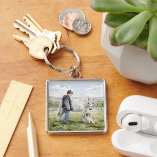 Best Friends-Child with Pony and Dog in an Orchard Key Ring