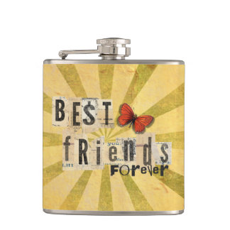 Best Friends Collage Word Cutout Vintage Butterfly Hip Flask