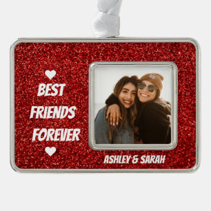 Best Friends Custom Photo and Name Red Glitter Silver Plated Framed Ornament