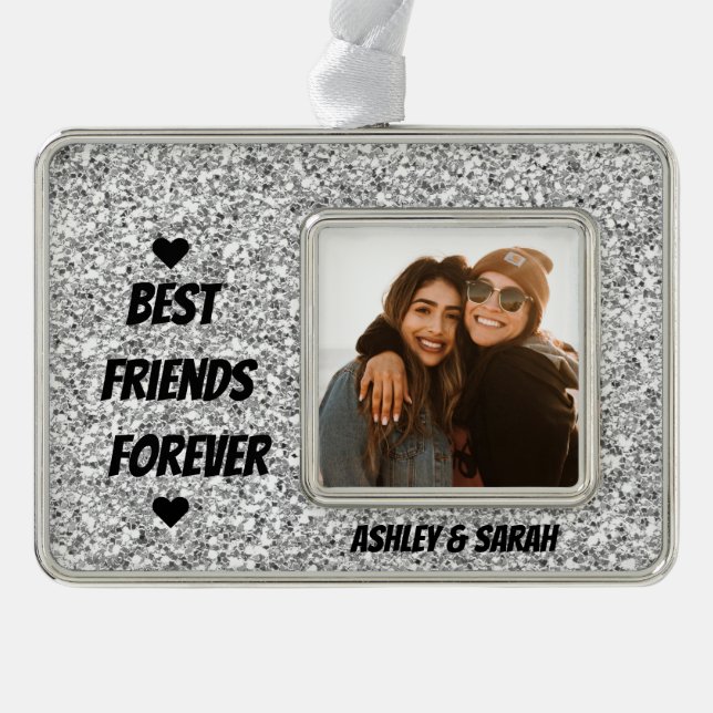 Best Friends Custom Photo and Name silver Glitter Plated Framed Ornament (Front)