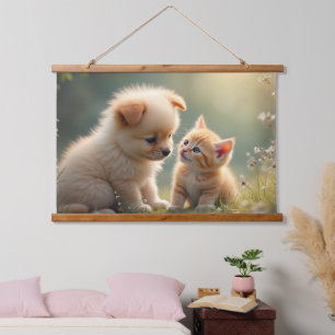 Best friends - cute puppy and kitten in the grass hanging tapestry