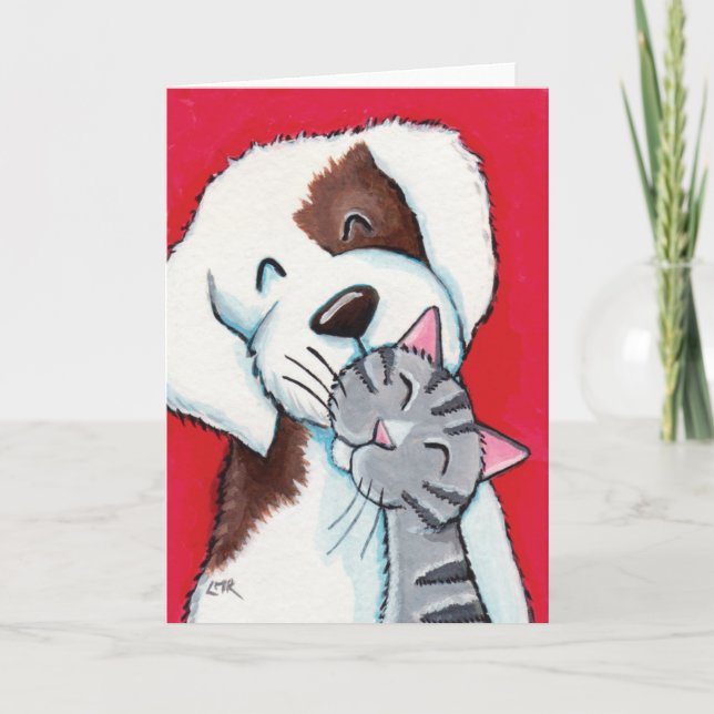 Best Friends - Cute Whimsical Tabby Cat & Dog Art Card (Front)