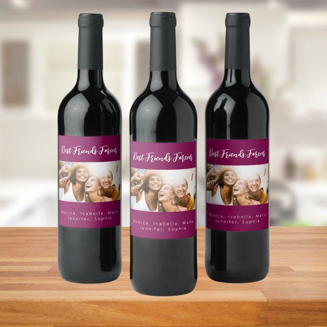 Best friends forever besties purple photo wine label (Creator Uploaded)