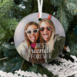 Best friends forever BFF photo friendship Glass Tree Decoration<br><div class="desc">Modern BFF photo ornament featuring a trendy Best Friends Forever overlay in white modern lettering decorated with a cute pink heart. 
Easily customizable by adding your favorite photo by editing the template.</div>