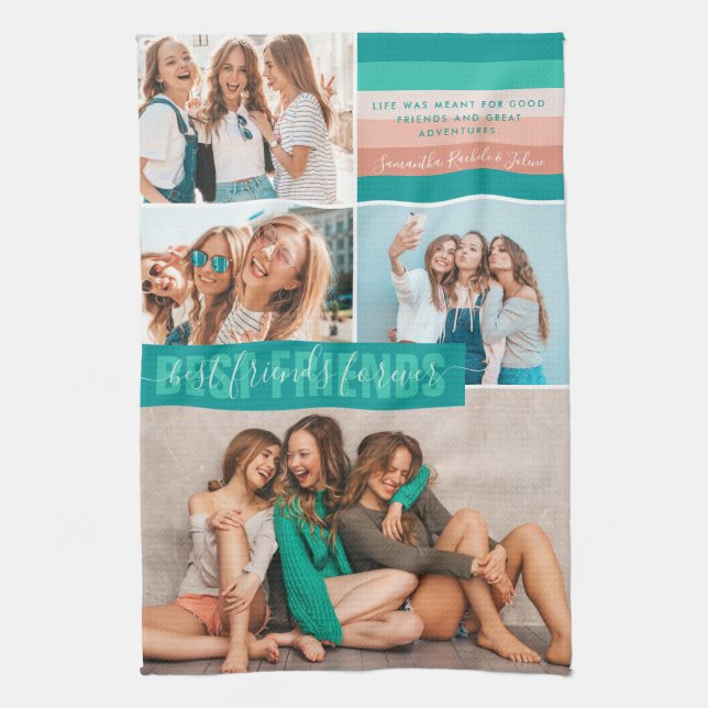 Best Friends Forever | Modern Stripes BFF 4 Photo Tea Towel (Vertical)