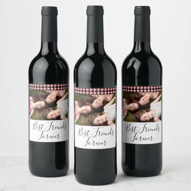 Best Friends Forever Pink Heart Friendship Photo Wine Label (Bottles)