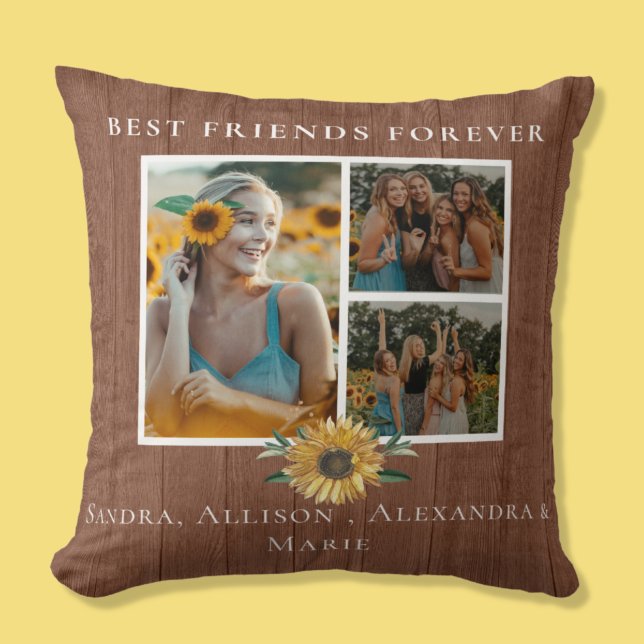 Best Friends Forever Sunflower 3 Photo Collage Cushion (Creator Uploaded)