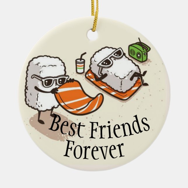 Best Friends Forever Sushi On Beach Ceramic Tree Decoration (Front)