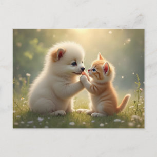 Best friends, give me five - cute puppy and kitty postcard