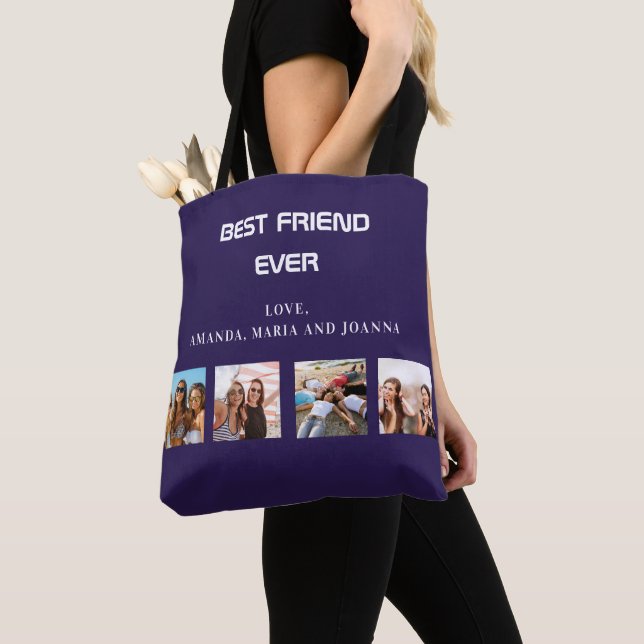 Best friends navy blue photo collage names tote bag (Close Up)